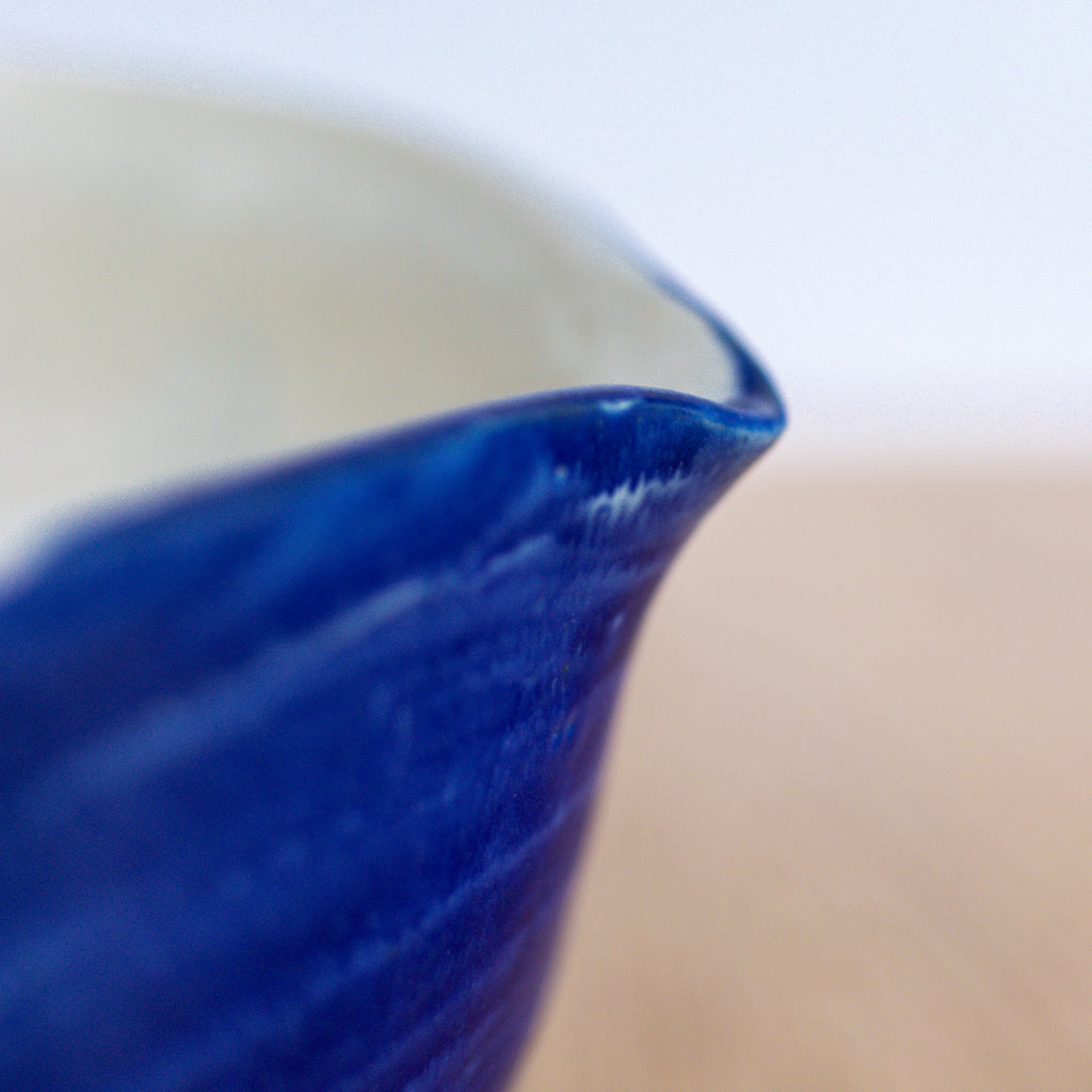 Close-up of a blue ceramic bowl with a spout with a blurred background